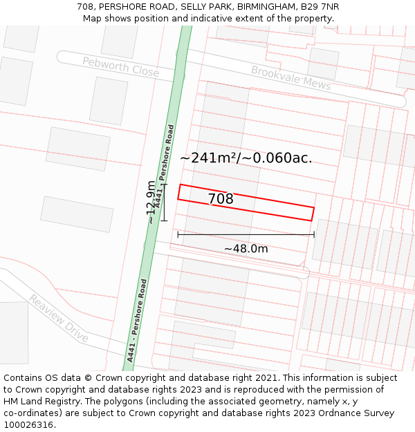 708, PERSHORE ROAD, SELLY PARK, BIRMINGHAM, B29 7NR: Plot and title map