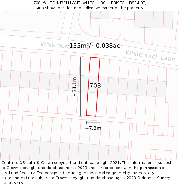 708, WHITCHURCH LANE, WHITCHURCH, BRISTOL, BS14 0EJ: Plot and title map