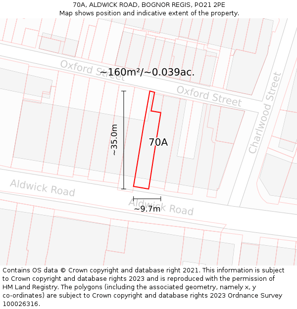 70A, ALDWICK ROAD, BOGNOR REGIS, PO21 2PE: Plot and title map