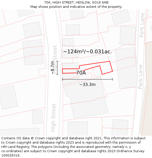 70A, HIGH STREET, HENLOW, SG16 6AB: Plot and title map