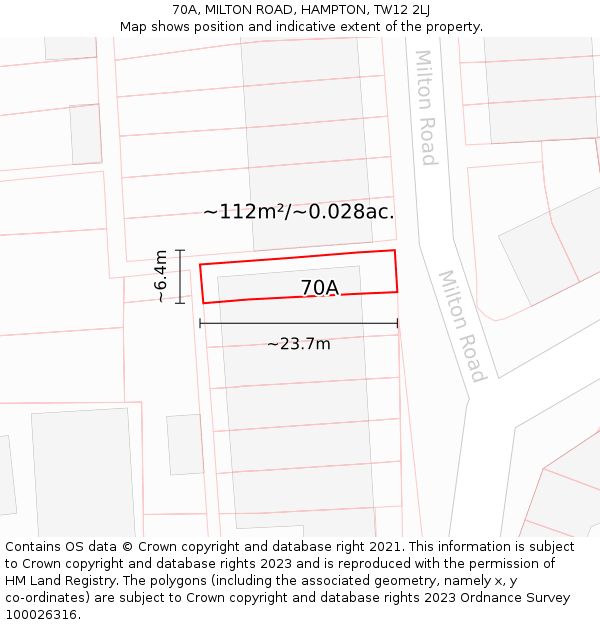 70A, MILTON ROAD, HAMPTON, TW12 2LJ: Plot and title map