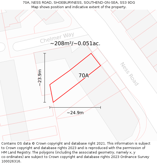 70A, NESS ROAD, SHOEBURYNESS, SOUTHEND-ON-SEA, SS3 9DG: Plot and title map
