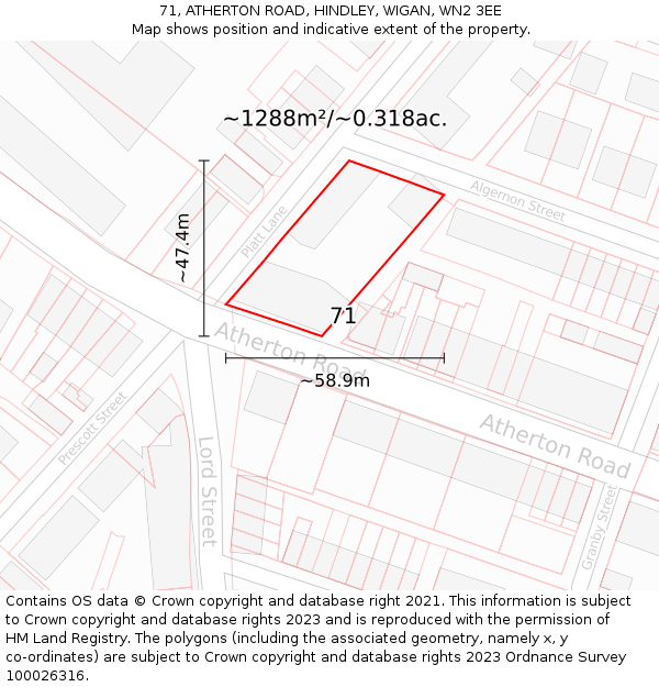 71, ATHERTON ROAD, HINDLEY, WIGAN, WN2 3EE: Plot and title map