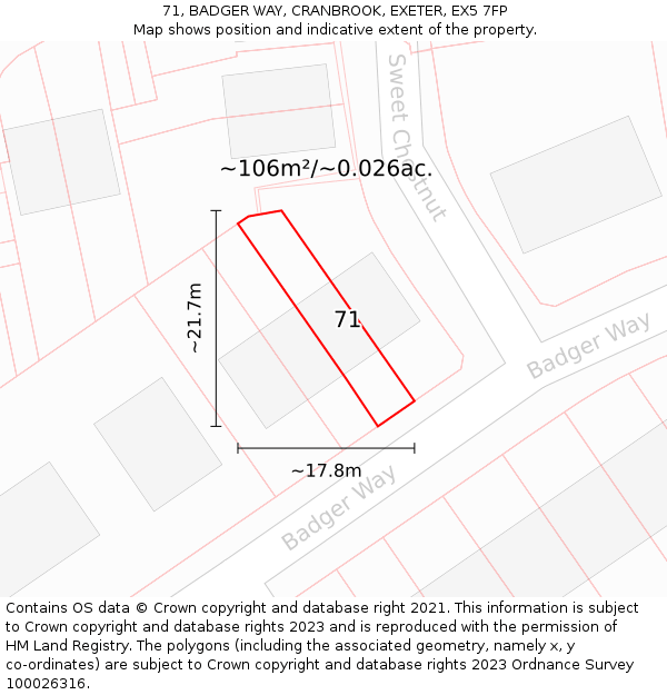 71, BADGER WAY, CRANBROOK, EXETER, EX5 7FP: Plot and title map