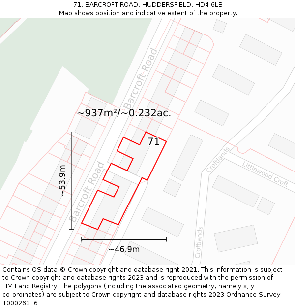 71, BARCROFT ROAD, HUDDERSFIELD, HD4 6LB: Plot and title map