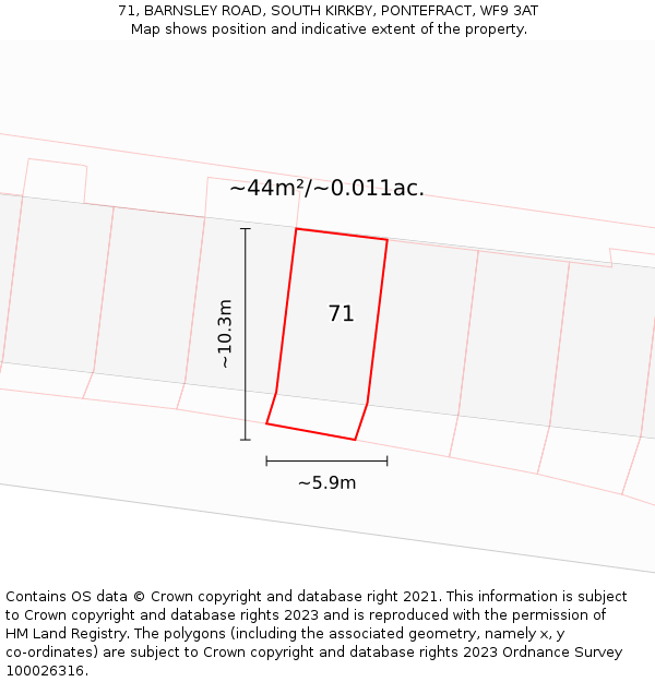 71, BARNSLEY ROAD, SOUTH KIRKBY, PONTEFRACT, WF9 3AT: Plot and title map