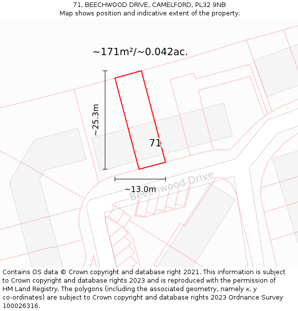 71, BEECHWOOD DRIVE, CAMELFORD, PL32 9NB: Plot and title map