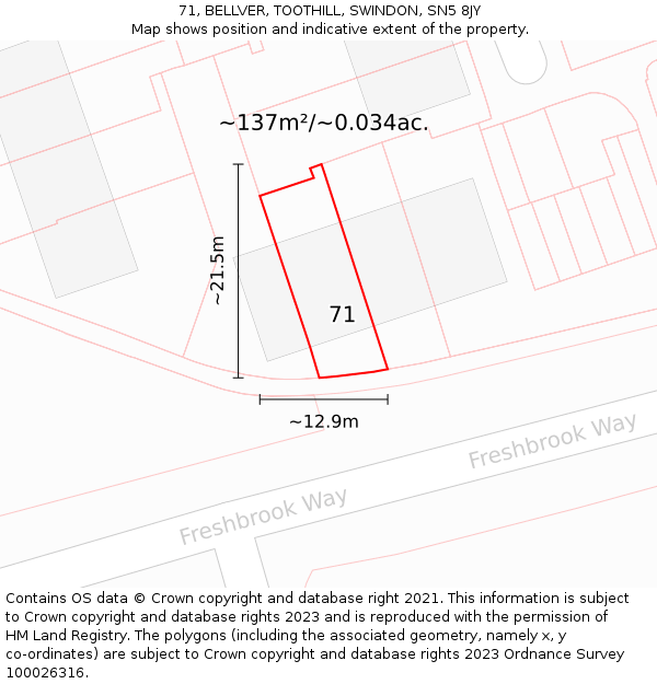 71, BELLVER, TOOTHILL, SWINDON, SN5 8JY: Plot and title map
