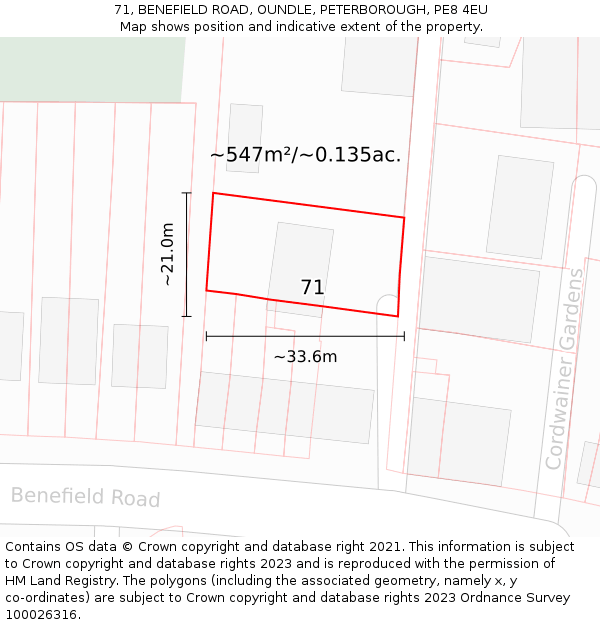 71, BENEFIELD ROAD, OUNDLE, PETERBOROUGH, PE8 4EU: Plot and title map
