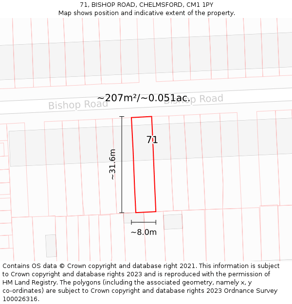 71, BISHOP ROAD, CHELMSFORD, CM1 1PY: Plot and title map