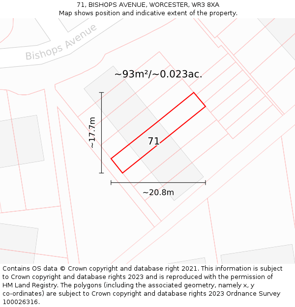 71, BISHOPS AVENUE, WORCESTER, WR3 8XA: Plot and title map