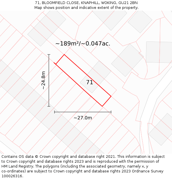 71, BLOOMFIELD CLOSE, KNAPHILL, WOKING, GU21 2BN: Plot and title map