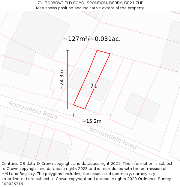 71, BORROWFIELD ROAD, SPONDON, DERBY, DE21 7HF: Plot and title map