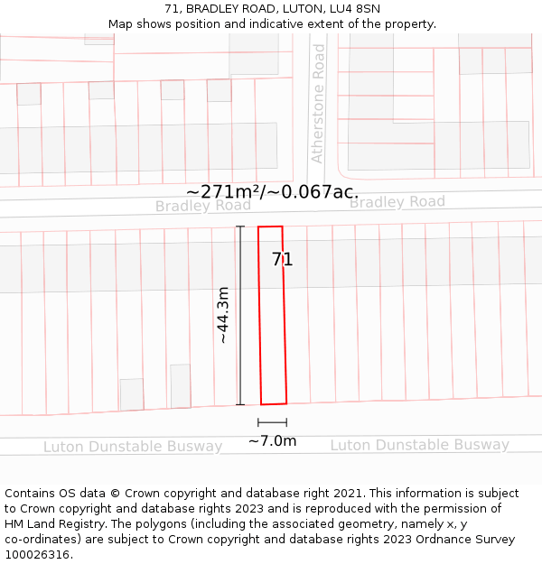 71, BRADLEY ROAD, LUTON, LU4 8SN: Plot and title map