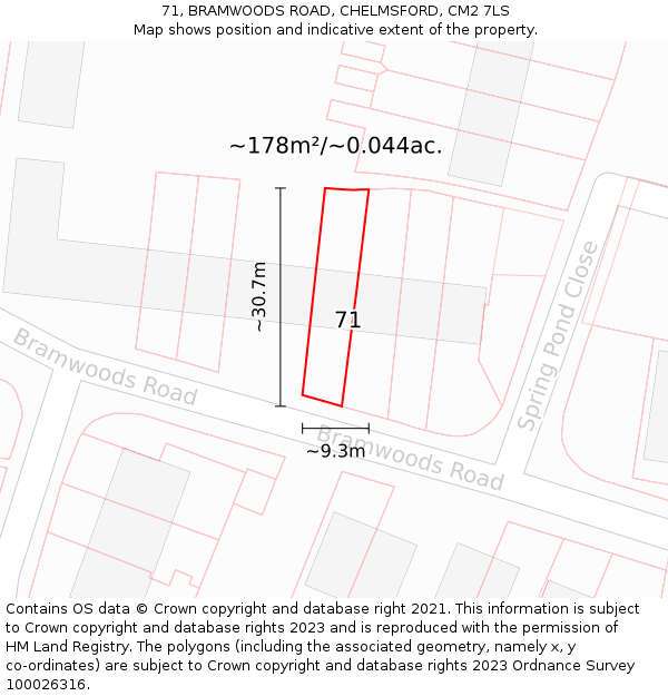 71, BRAMWOODS ROAD, CHELMSFORD, CM2 7LS: Plot and title map