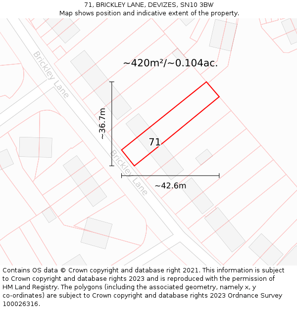 71, BRICKLEY LANE, DEVIZES, SN10 3BW: Plot and title map
