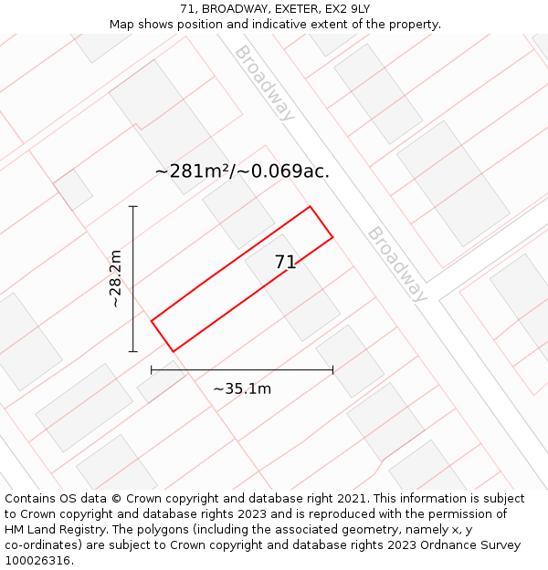 71, BROADWAY, EXETER, EX2 9LY: Plot and title map