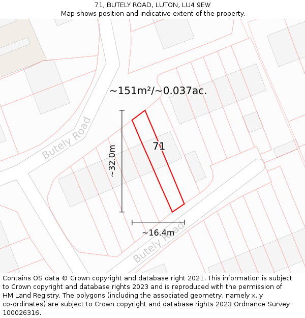 71, BUTELY ROAD, LUTON, LU4 9EW: Plot and title map
