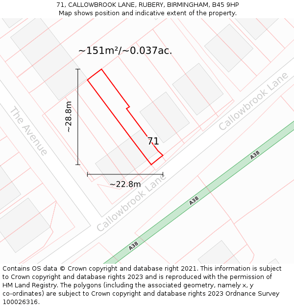 71, CALLOWBROOK LANE, RUBERY, BIRMINGHAM, B45 9HP: Plot and title map