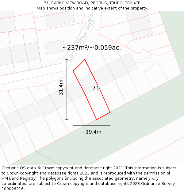 71, CARNE VIEW ROAD, PROBUS, TRURO, TR2 4TR: Plot and title map