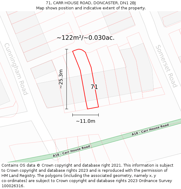 71, CARR HOUSE ROAD, DONCASTER, DN1 2BJ: Plot and title map
