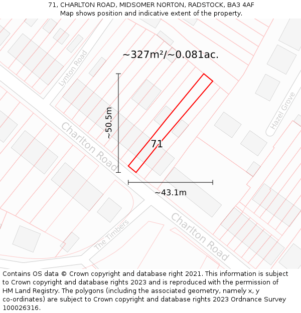 71, CHARLTON ROAD, MIDSOMER NORTON, RADSTOCK, BA3 4AF: Plot and title map