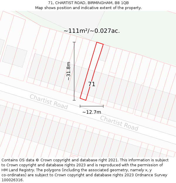 71, CHARTIST ROAD, BIRMINGHAM, B8 1QB: Plot and title map