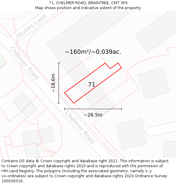 71, CHELMER ROAD, BRAINTREE, CM7 3PX: Plot and title map