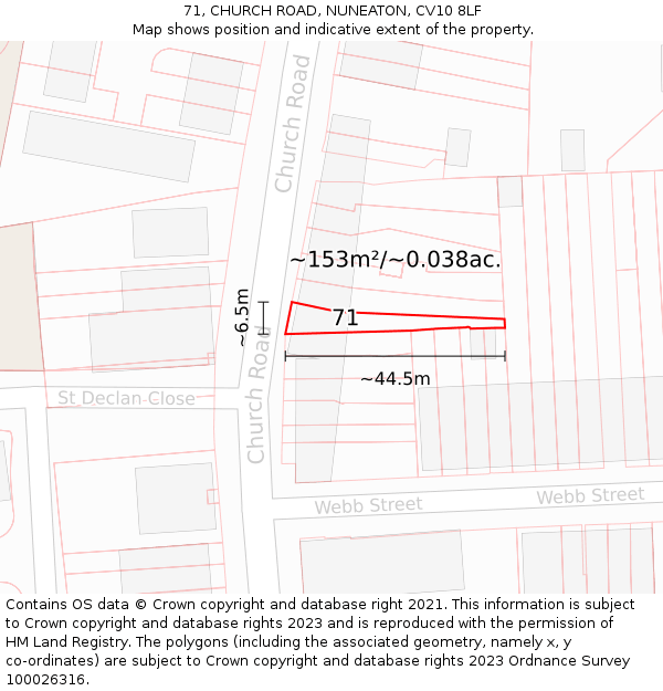71, CHURCH ROAD, NUNEATON, CV10 8LF: Plot and title map