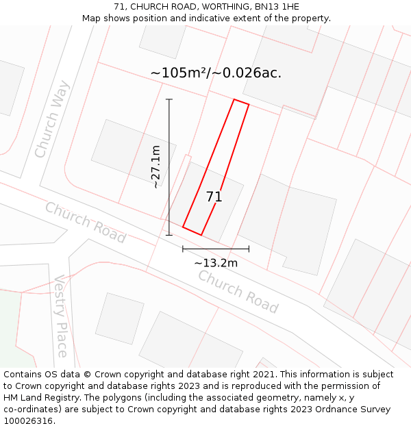 71, CHURCH ROAD, WORTHING, BN13 1HE: Plot and title map