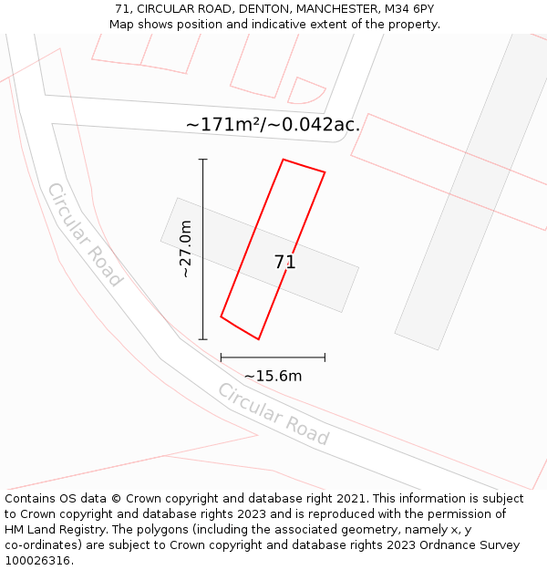 71, CIRCULAR ROAD, DENTON, MANCHESTER, M34 6PY: Plot and title map
