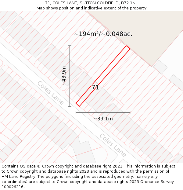 71, COLES LANE, SUTTON COLDFIELD, B72 1NH: Plot and title map