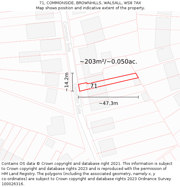 71, COMMONSIDE, BROWNHILLS, WALSALL, WS8 7AX: Plot and title map
