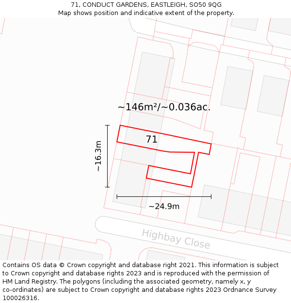 71, CONDUCT GARDENS, EASTLEIGH, SO50 9QG: Plot and title map