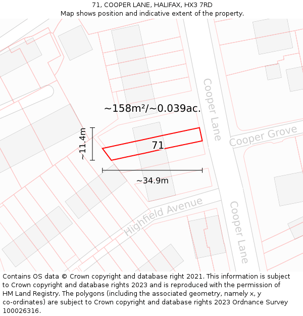 71, COOPER LANE, HALIFAX, HX3 7RD: Plot and title map