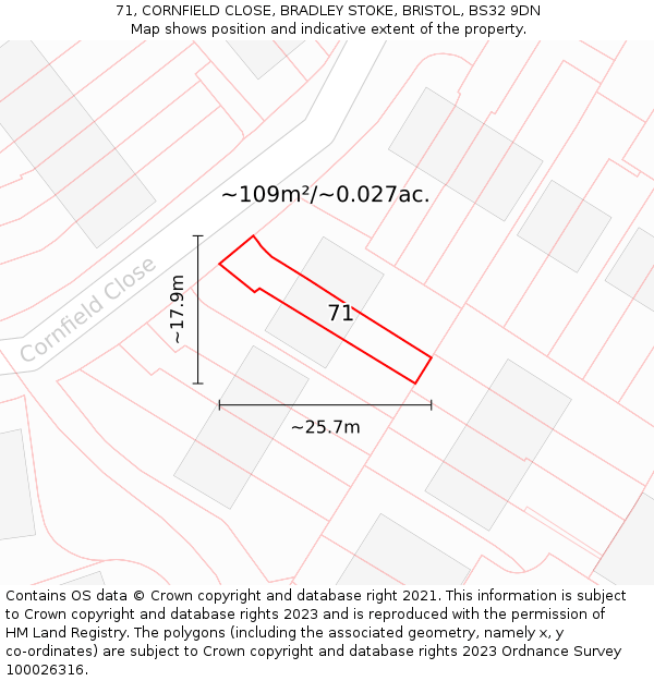 71, CORNFIELD CLOSE, BRADLEY STOKE, BRISTOL, BS32 9DN: Plot and title map