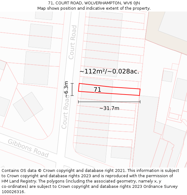 71, COURT ROAD, WOLVERHAMPTON, WV6 0JN: Plot and title map