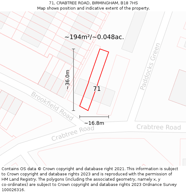 71, CRABTREE ROAD, BIRMINGHAM, B18 7HS: Plot and title map