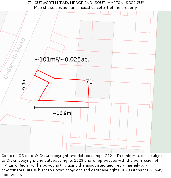 71, CUDWORTH MEAD, HEDGE END, SOUTHAMPTON, SO30 2UY: Plot and title map