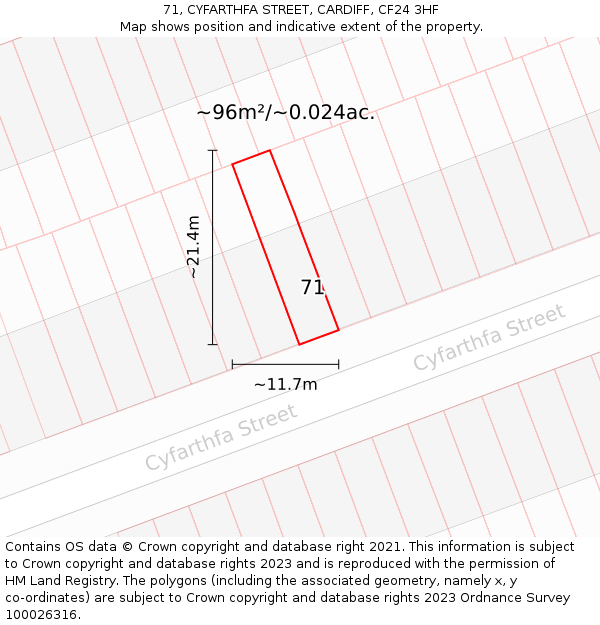 71, CYFARTHFA STREET, CARDIFF, CF24 3HF: Plot and title map