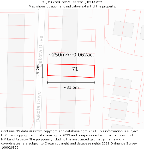71, DAKOTA DRIVE, BRISTOL, BS14 0TD: Plot and title map