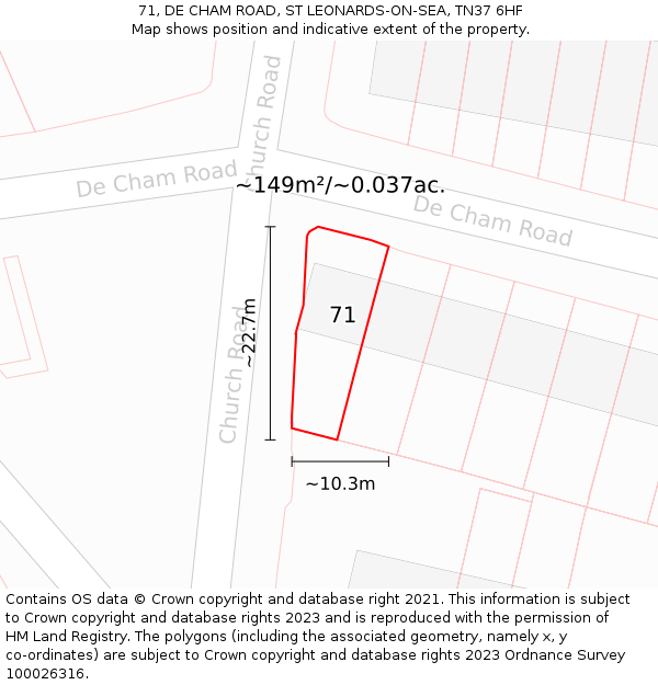 71, DE CHAM ROAD, ST LEONARDS-ON-SEA, TN37 6HF: Plot and title map