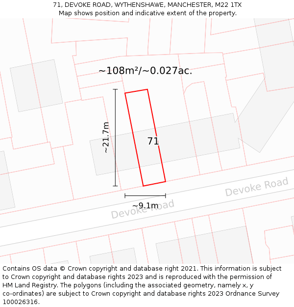 71, DEVOKE ROAD, WYTHENSHAWE, MANCHESTER, M22 1TX: Plot and title map