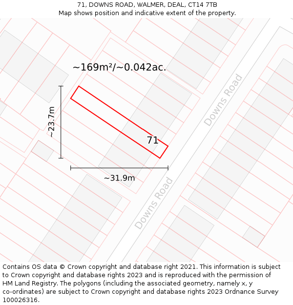 71, DOWNS ROAD, WALMER, DEAL, CT14 7TB: Plot and title map