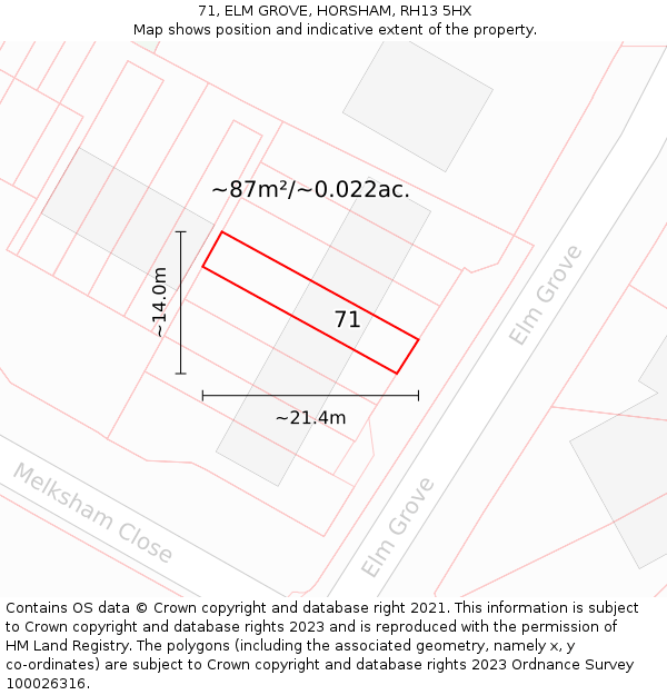 71, ELM GROVE, HORSHAM, RH13 5HX: Plot and title map