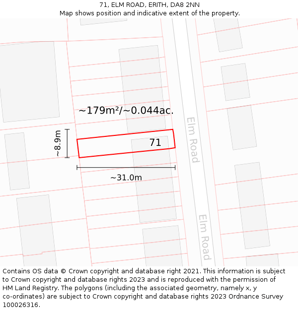 71, ELM ROAD, ERITH, DA8 2NN: Plot and title map