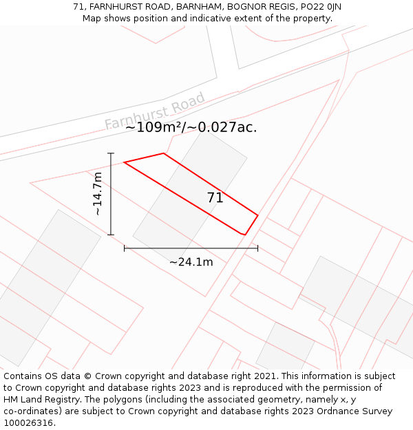 71, FARNHURST ROAD, BARNHAM, BOGNOR REGIS, PO22 0JN: Plot and title map