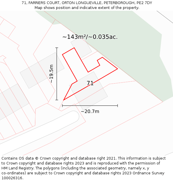 71, FARRIERS COURT, ORTON LONGUEVILLE, PETERBOROUGH, PE2 7DY: Plot and title map