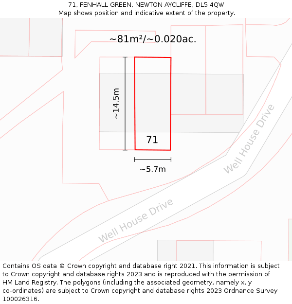 71, FENHALL GREEN, NEWTON AYCLIFFE, DL5 4QW: Plot and title map
