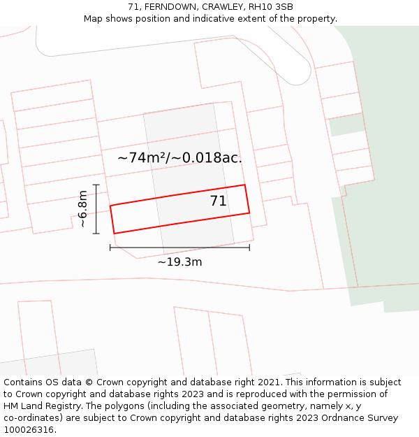 71, FERNDOWN, CRAWLEY, RH10 3SB: Plot and title map